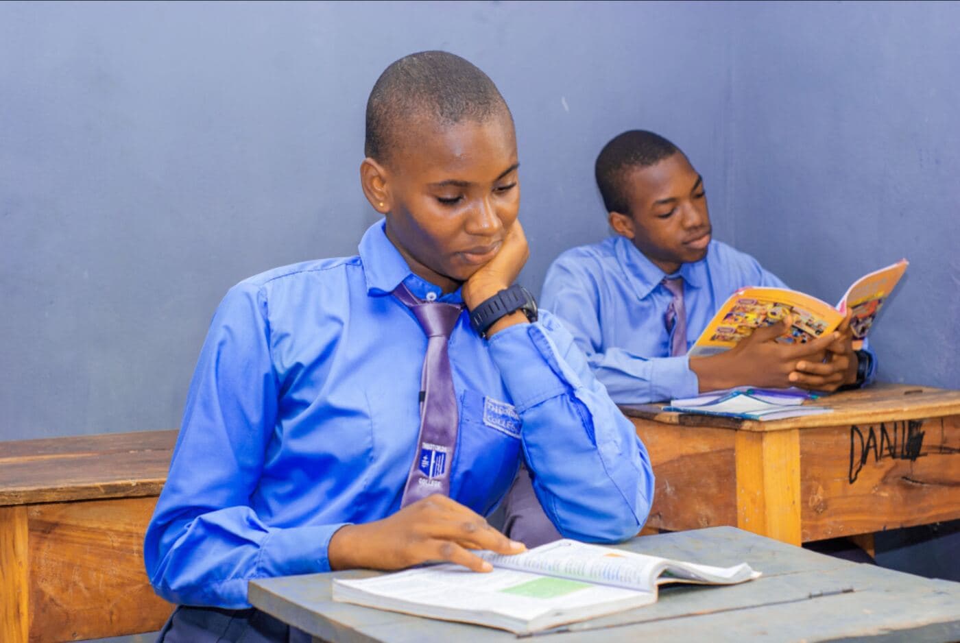Two students reading at their desks